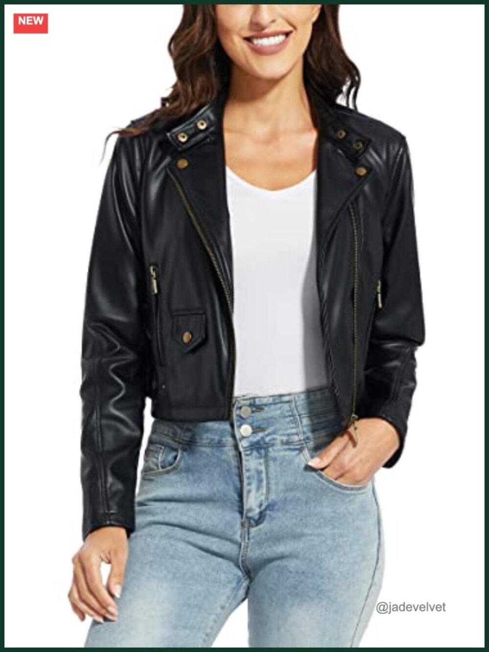 Faux Leather Moto Jacket Stand Collar Zip Pockets